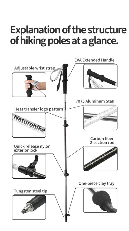 Naturehike Ultralight Carbon Fiber Trekking Poles Walking Sticks Hiking Canes Folding Aluminum Walking Pole Telescopic Sticks